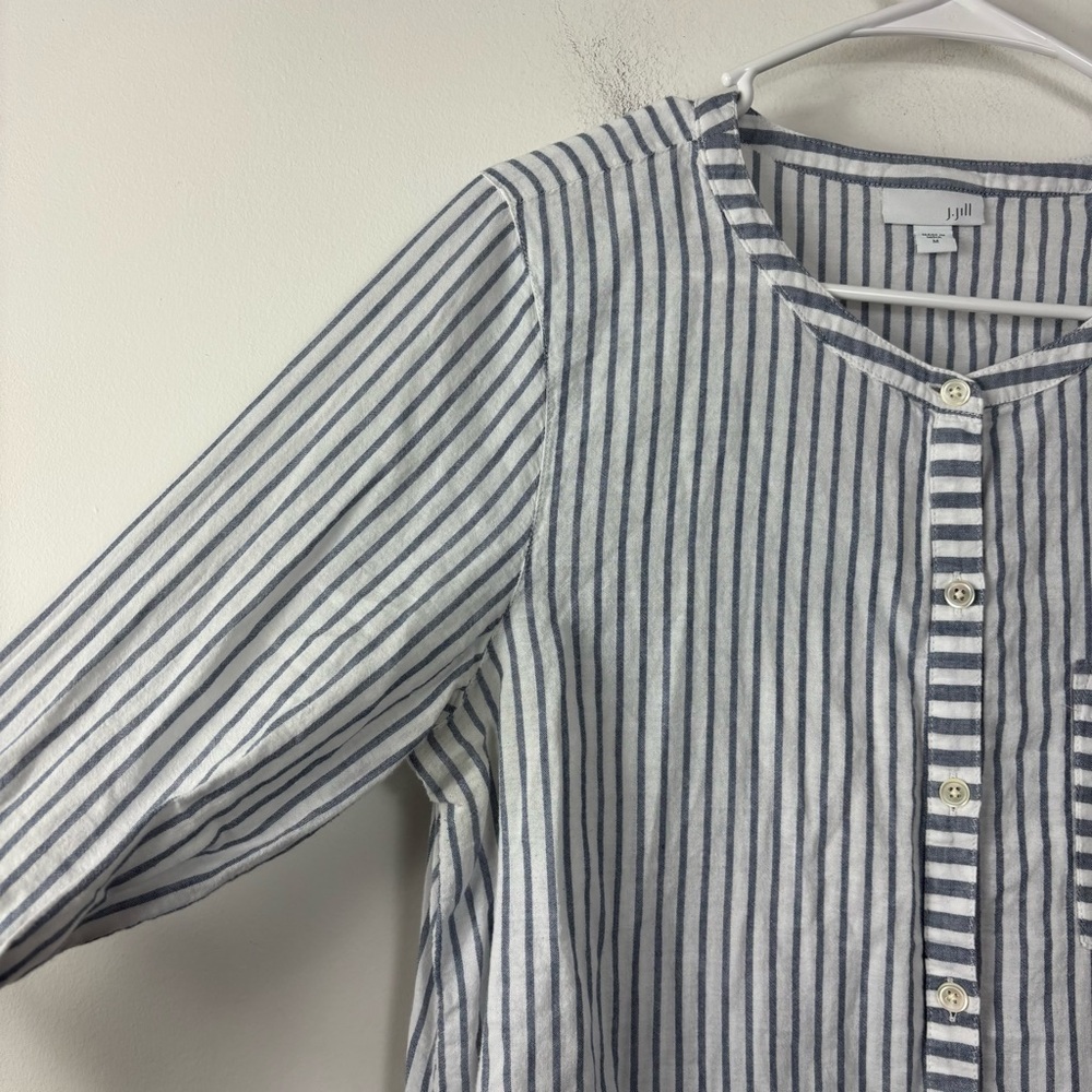 J. Jill Striped Button Up Womens M Mixed Print Roll Tab Sleeve Coastal Beach - Picture 2 of 6